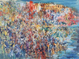 **James Lawrence Isherwood (British, 1917-1989), "The Beach", oil on board, signed recto, titled and dated 1965 verso, within a painted wood frame.**Please Note - Artists Resale Rights may be payable on this lot.