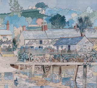 Mary Oldham (British, fl.1924-1940), Cornish Landscape, ink with watercolour, signed and dated 1933, 45cm x 50cm, within a silvered frame.