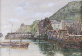 Circle of Herbert Edward Butler, Polperro Harbour, Cornwall, early 20th century watercolour, 41cm x 60cm, within a painted and gilt wood frame.