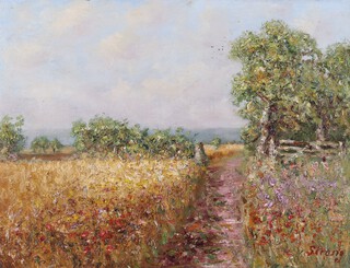 **Michael James Strang (British, 1942-2022), Landscape with Footpath through a Field of Wildflowers, oil on board, signed, 45cm x 60cm, within a painted and gilt wood frame.**Please Note - Artists Resale Rights may be payable on this lot.	