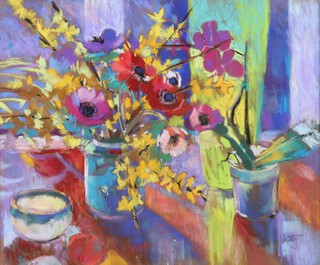 Molly Verity, Still Life with Poppies and Summer flowers, late 20th/early 21st century pastel, signed, 46cm x 57cm, within a painted wood frame.