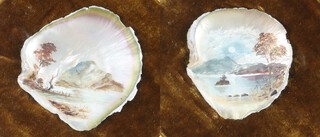 Circle of John Philemon Backhouse, Mountain Lake Landscapes, a pair of late 19th/early 20th century oils on oyster shells, mounted on velvet within gilt composition frames, each overall 19cm x 19cm.