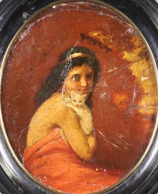 Continental School, Oval Miniature Portrait of a Young Lady holding a Kitten, 19th century oil on board, 17cm x 14cm, within an ebonised frame.