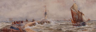 William G. Whittington (act.1904-1914), Maritime Scene with several Sailing vessels in a stiff breeze near a Harbour Pier with Lighthouse, 19th century watercolour, signed, 27cm x 76cm, within a gilt frame.