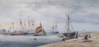 Circle of George Standfield Walters (1838-1924), Harbour Scene with Sailing Vessels, late 19th/early 20th century watercolour, 33cm x 68cm, within a gilt frame.	