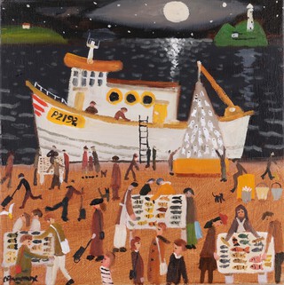 Alan Furneaux (British, b.1953),  Newlyn Harbour Scene under Moonlight, oil on canvas, signed recto, titled verso, 38cm x 38cm, within a painted wood frame.