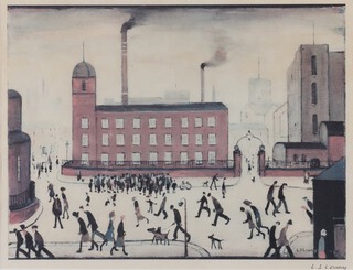 **Laurence Stephen Lowry (British, 1887-1976), Mill Scene, offset lithograph, signed in pencil, from an edition of 750 printed by Curwen Press and published by the Sunday Observer in 1972, 33cm x 42cm, within a stained wood frame.**Please Note - Artists Resale Rights may be payable on this lot.