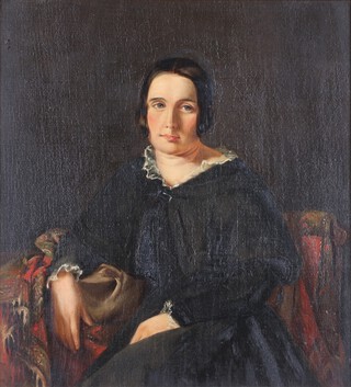 Circle of John Prescott Knight, Portrait of a Lady wearing a Black Dress seated in an Armchair, 19th century oil on canvas, 44cm x 40cm, within a gilt composition frame.	
