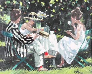 **Sherree Valentine Daines (British, b.1959), "Tea on the Lawn", signed limited edition embellished canvas print, editioned 27/195 and signed by the artist to certificate of authenticity verso, 39cm x 49cm, within a silvered frame. **Please Note - Artists Resale Rights may be payable on this lot.