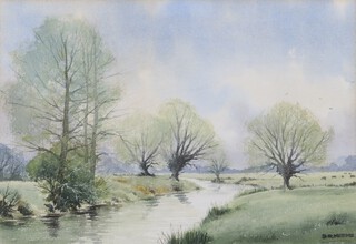 David R. Meeks,  "River Ray from the Fencott Bridge", late 20th/early 21st century watercolour, signed recto, titled label verso, 35cm x 51cm, within a gilt frame.