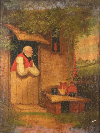 Circle of Henry Liverseege (British, 1802-1832), Gentleman Smoking a Pipe at a Cottage Door, 19th century oil on canvas, 44cm x 34cm, within a gilt frame.	