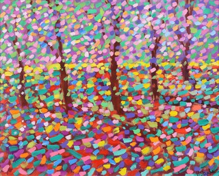 Paul Stephens (b.1957), "Apple Blossom Orchard", oil on board, signed recto, titled verso, 39cm x 49cm, within a painted wood frame.