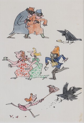 **Quentin Blake (b.1932), Tales of Arabel's Raven, ink with watercolour, 15cm x 15cm, within a stained wood frame. Note: this work was used as the rear dust jacket cover illustration for the Jackanory Stories edition "Tales of Arabel's Raven" published by the BBC and Jonathan Cape in 1974.**Please Note - Artists Resale Rights may be payable on this lot.