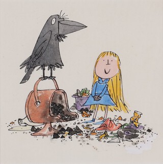 **Quentin Blake (b.1932), Arabel with Mortimer the Raven, ink with watercolour, 15cm x 15cm, within a stained wood frame. Note: this work was used as the front dust jacket cover illustration for the Jackanory Stories edition "Tales of Arabel's Raven" published by the BBC and Jonathan Cape in 1974. **Please Note - Artists Resale Rights may be payable on this lot.