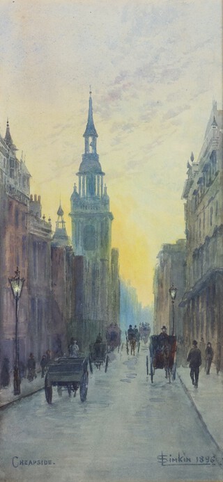 Miss L. Simpkin, British School, "Cheapside", watercolour, signed, titled and dated 1896, 35cm x 16cm, within a gilt wood frame.	