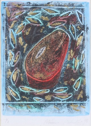 **Mimmo Paladino (b.1948), Stylised Face with Foliage, colour monotype, signed and editioned 1/1 in pencil, 22cm x 16cm, within a stained wood frame. **Please Note - Artists Resale Rights may be payable on this lot.