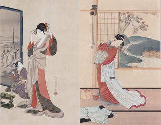 After Eishi Hosada, "Enchantress", 20th century colour print, label verso, 30cm x 20cm, together with another similar print after Shunsho Katsuwaka, "Women of a Shop", 30cm x 20cm, both within matching stained wood frames.