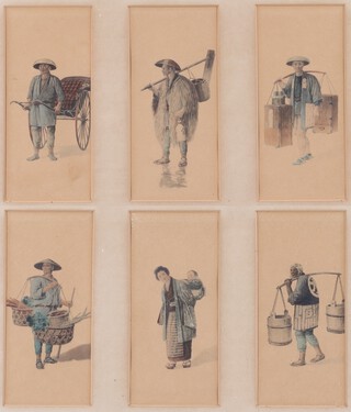 Circle of Takashi Nakayama, Japanese Professions, six photogravures with hand-colouring, each 19cm x 9cm, framed as two within stained wood frames.