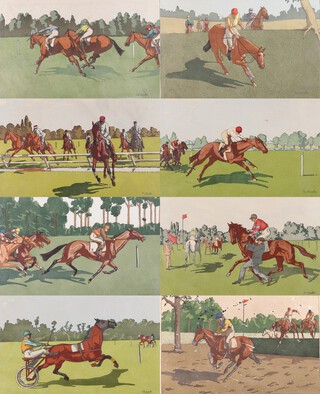 Charles Ancelin (French, 1863-1940), Horse Racing Scenes, eight chromolithographs, each 32cm x 50cm, all within gilt frames.