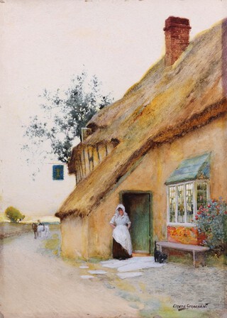 Claude Strachan (British, 1865-1938), Lady outside a Thatched Public House, and a Lady outside a Thatched Cottage, a pair of late 19th/early 20th century watercolours, one signed, each 26cm x 19cm, unframed within gilt mounts.