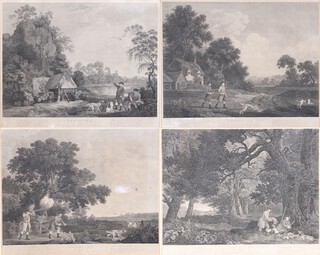William Woollett, after George Stubbs, Shooting, four engravings, published by Thomas Bradford 1770, each 43cm x 53cm, all within matching stained wood frames with metal corner crestings.