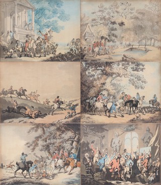 Thomas Rowlandson (British, 1756-1827), "Going out in the Morning", "The Chase", "The Death of the Fox", "The Refreshment", "The Return", and "The Dinner", the set of six etchings with aquatint and hand-colouring on laid paper, published by J. Harris 1787 and 1788, each 39cm x 51cm, all within matching gilt frames.