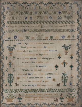 A sampler by Charlotte Harris "aged nine years" with letters of the alphabet and numbers in horizontal formation to the top with lines of crowns and coronets beneath, above a central panel of religious verse, enclosed in a floral border, dated 1844 Cromer, 41cm x 32cm, within a Hogarth style frame, together with another sampler by Rebecca Mason "aged nine years", dated 1878.
