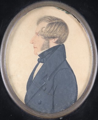 George Walker of Liverpool, Miniature Portrait of a Gentleman in Profile wearing a Black Jacket and Stock, 19th century watercolour on card, 8.5cm x 7cm, within an ebonized frame.	