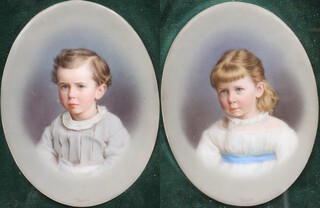 Moritz Krantz (German, 1812-1869), Miniature Portraits of a Boy and Girl, a pair of 19th century enamels on porcelain, both signed, each 11.5cm x 9cm, both within gilt composition frames.