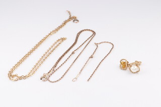 Three sections of gold testing as 9ct chain 3.3g together with a pair of 9ct gold earrings (1 set a pearl, 1 missing pearl) 1g