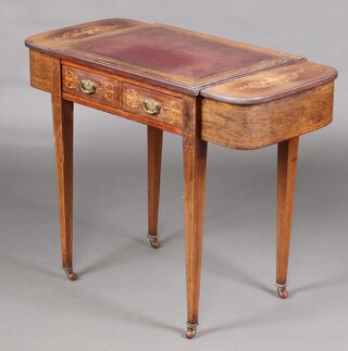 A Victorian inlaid rosewood work table with red inset writing surface flanked by a pair of boxes with hinged lids, 1 with fitted interior, above 2 short drawers, raised on square supports ending in brass caps and casters 72cm h x 94cm w x 45cm d 