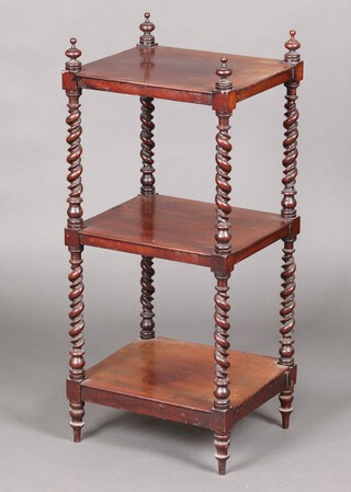 A 19th Century square bleached mahogany 3 tier what-not with spiral turned supports 87cm h x 38cm w x 33cm d 