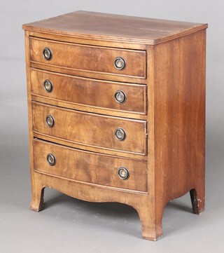A 19th Century mahogany bow front chest of 4 drawers with brass ring drop handles, raised on splayed bracket feet 76cm h x 62cm w x 40cm d 
