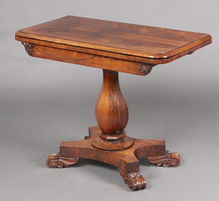 A William IV rosewood card table, raised on a turned column with triform base and scrolled feet 71cm h x 91cm w x 45cm d 