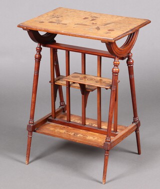 A Liberty style Art Nouveau oak and inlaid walnut rectangular 4 tier occasional table, the top inlaid flowers, 2 tiers inlaid roundels and flowers, the base with floral decoration, raised on outswept supports 71cm h x 52cm w x 38cm d 
