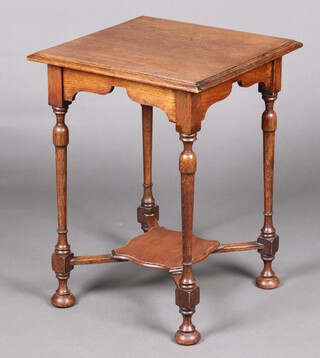 A 1920's Queen Anne style square shaped 2 tier occasional table with undertier, raised on turned supports with bun feet 72cm h x 53cm w x 52cm d 