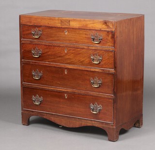 A 19th Century crossdbanded mahogany chest of 4 long drawers with replacement brass swan neck drop handles, raised on bracket feet 92cm h x 90cm w x 45cm d 
