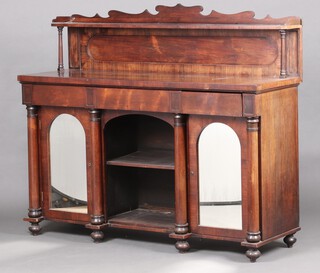 A Regency rosewood chiffonier with raised shelved back, the base fitted 3 drawers above recess flanked by cupboards enclosed by panelled doors 128cm h x 152cm w x 50cm d 