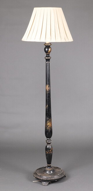 A 1920's black lacquered chinoiserie standard lamp with floral and figural decoration 137cm h 
