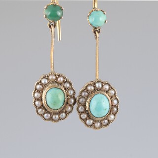 A pair of 9ct gold pearl and turquoise set drop earrings, 1.8g