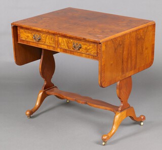 A 1930's Queen Anne style quarter veneered and crossbanded figured walnut sofa table, fitted 2 frieze drawers 74cm h x 77cm w x 60cm d 