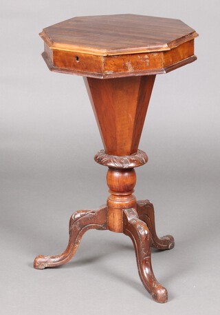 An Edwardian octagonal work box of conical form, raised on a carved tripod base 71cm h x 42cm 