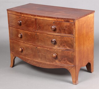 A 19th Century mahogany bow front chest of 2 short and 2 long drawers with turned handles, raised on splayed bracket feet  76cm h x 100cm w x 50cm d 