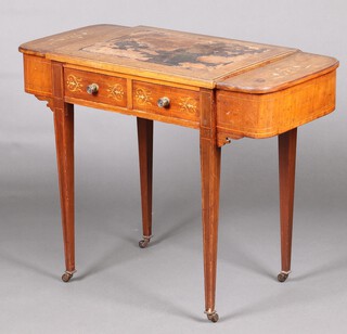 A Victorian inlaid rosewood writing table with blue inset writing surface flanked by a pair of boxes with hinged lids, 1 with fitted interior, above 2 short drawers, raised on square supports ending in brass caps and casters 72cm h x 94cm w x 45cm d 