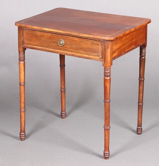 A Regency mahogany and inlaid brass side table fitted a frieze drawer, raised on turned supports 71cm h x 64cm w x 49cm d  