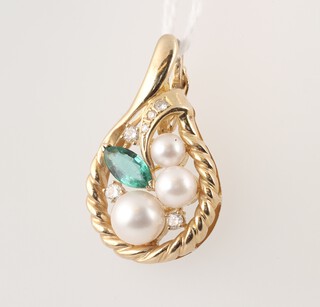 A gold marked 585 diamond, pearl and green stone set pendant 3cm, 5.2g