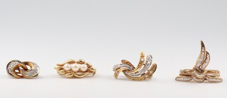A yellow metal and diamond set bow shaped clasp (hinge loose) 3.6g , 2 others marked 585  3.9g and a 9ct gold clasp set pearls 2.1g