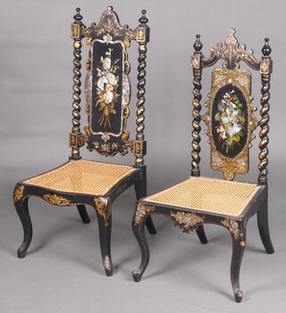 A Victorian lacquered and inlaid mother of pearl high back chair, the slat back inlaid a floral panel, the seat of serpentine outline and 1 other (the back with iron repair) 