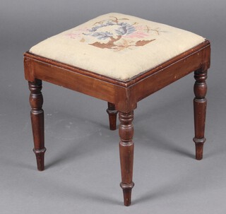 A Victorian square mahogany stool with Berlin woolwork drop in seat, raised on turned supports 43cm h x 43cm w x 41cm d 
