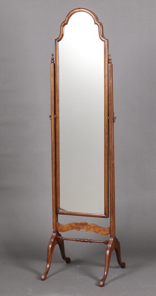 A 1930's Queen Anne style arched plate cheval mirror contained in a walnut frame 162cm h x 40cm w 